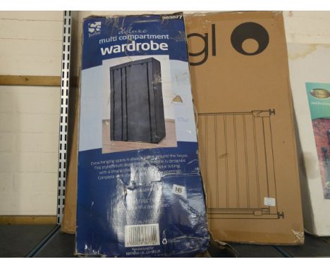 A multi compartment flat pack wardrobe and a safety stair gate  