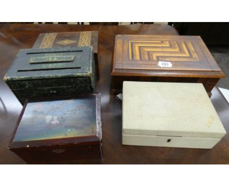 A lacquered tea caddy, jewel box and other boxes, five in total 