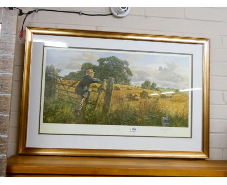 A gilt framed print of a farmer leaning over a gate entitled 'Golden Thoughts' by Anthony Gibbs 