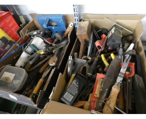 Three large boxes of old hand tools, security lights, paint brushes etc 