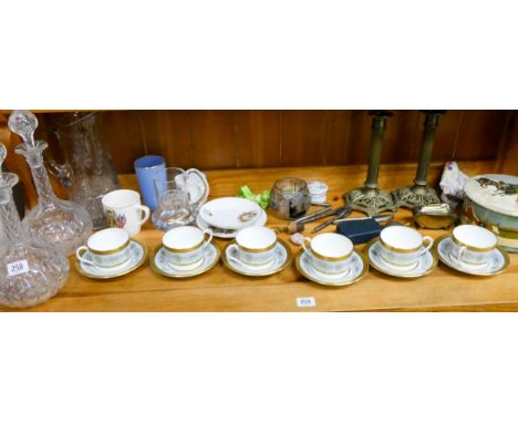 A pair of glass decanters, water jug, candlesticks, Coalport cups and saucers and other small ornamental ornaments 