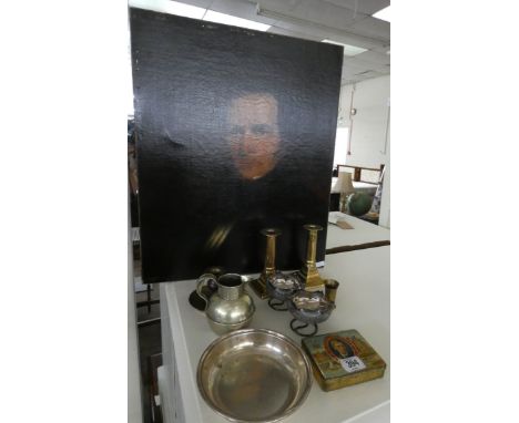 An unframed portrait oil painting, pair of brass candle sticks, small plated items etc 