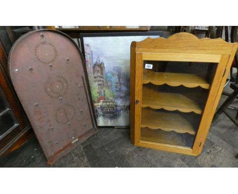 A small oak glazed corner cabinet, bagatelle board and two jigsaw puzzle pictures 