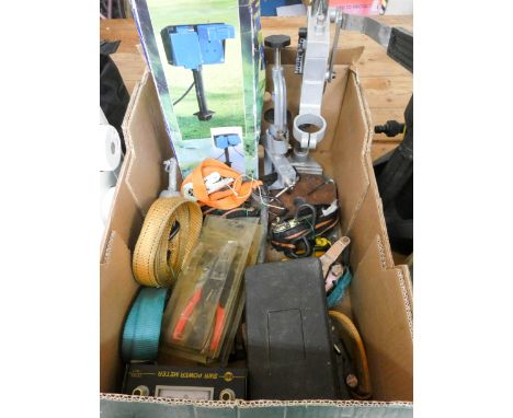 A garden socket set, tie down straps, socket set, pillar drill stand etc 
