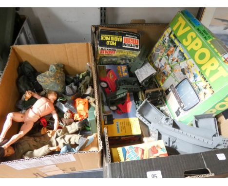 Four large boxes of plastic model soldiers, a plastic tank, remote control tank (as found), model cars, TV sport game, Action
