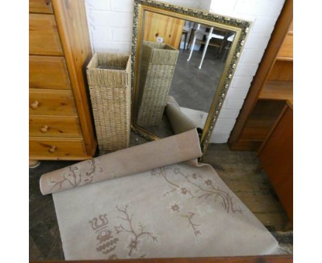 Gilt framed wall mirror, Chinese rug and a wicker stick stand 