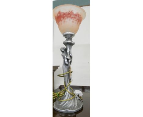 A polished metal lady figured table lamp with glass shade, 17" high 