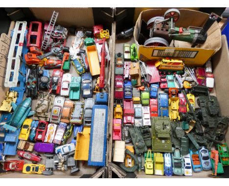 Two large boxes of plated with die cast model cars, lorries, transporters etc, some tanks and a Mamod  steamroller 