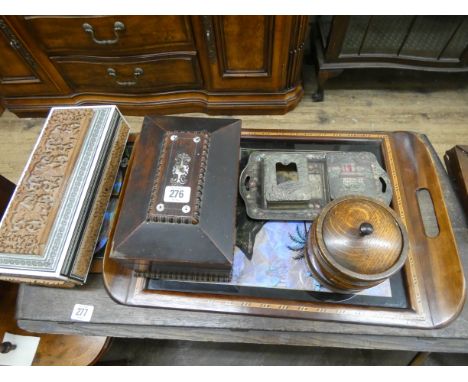 Inlaid butterfly wing tray, picture of parrot, Rosewood tea caddy, biscuit barrel etc  
