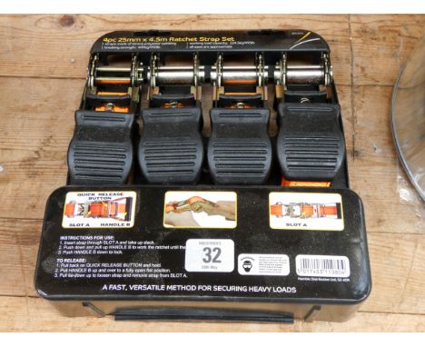 A new four piece 22mm wide by 4 1/2 metre long ratchet tie down strap sets 