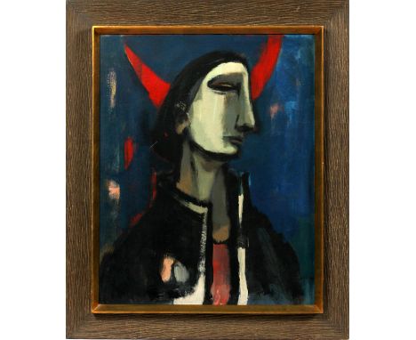 HAL LOTTERMAN [AMERICAN, B. 1920] OIL ON BOARD, H 30" W 24", "THE MOON IS RED": Signed at the lower right; depicting a portra