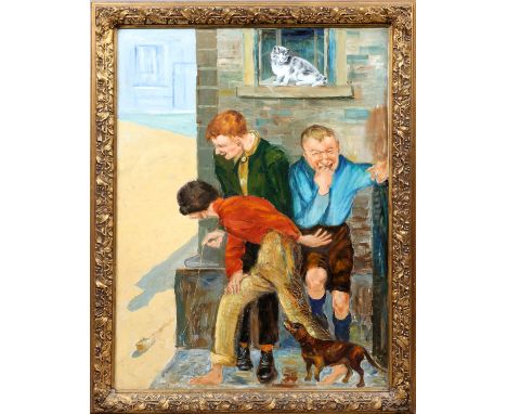 ROCKWELL KENT II, OIL ON CANVAS, H 40" W 30", PRACTICAL JOKE: Signed along the right side; depicting three boys playing a jok