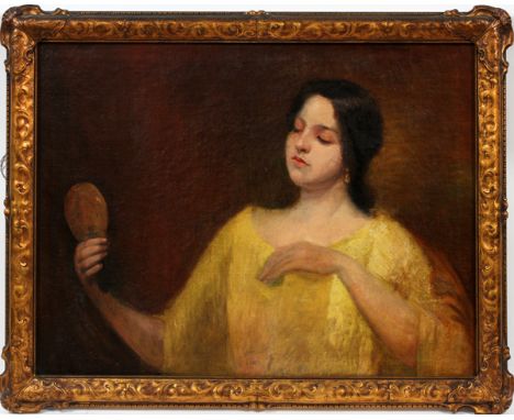 HAMILTON HAMILTON [1847-1928], OIL ON CANVAS, H 25" W 33", GIRL WITH MIRROR: Hamilton Hamilton [American, 1847-1928]; signed 