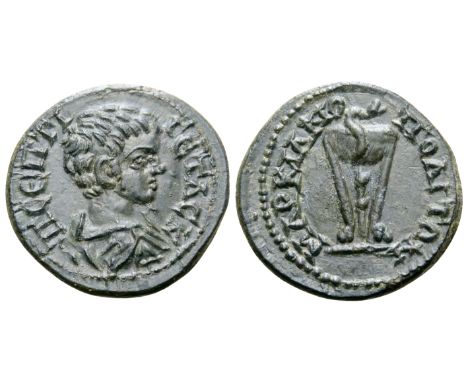 "Geta, as Caesar, Æ17 of Marcianopolis, Moesia Inferior. AD 198-209. Π CEΠTI ΓETAC K, bare-headed and draped bust right / MAΡ