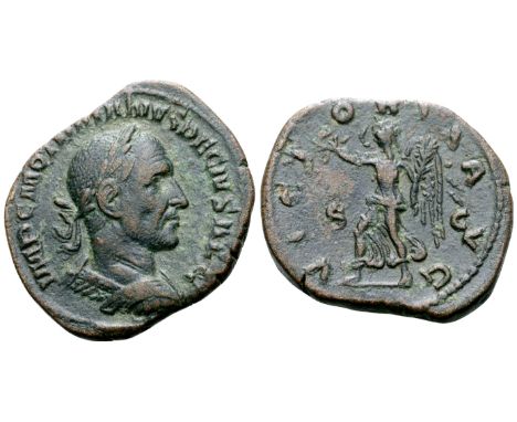 "Trajan Decius Æ Sestertius. Rome, AD 249-251. IMP C M Q TRAIANVS DECIVS AVG, laureate and cuirassed bust right / VICTORIA AV