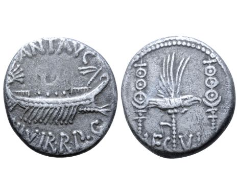"Marc Antony Legionary AR Denarius. Military mint moving with Antony, autumn 32 - spring 31 BC. ANT•AVG III•VIR•R•P•C, praeto