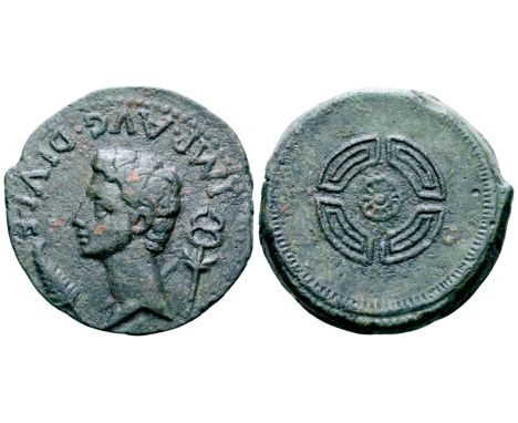 "Augustus Æ Dupondius of uncertain mint, north-western(?) Spain. Circa 27-23 BC. IMP AVG DIVI F, bare head left; palm to left