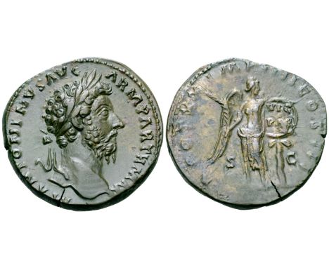 "Marcus Aurelius Æ Sestertius. Rome, AD 166. M ANTONINVS AVG ARM PARTH MAX, laureate head right / TR POT XX IMP IIII COS III,