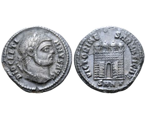 "Diocletian AR Argenteus. Nicomedia, AD 295. DIOCLETIANVS AVG, laureate head right / VICTORIAE SARMATICAE, four-turreted camp