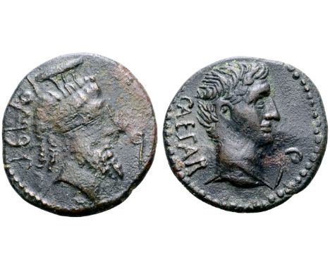 "Augustus Ӕ As of Sabratha, Syrtica. 27 BC-AD 14. Head of Serapis right, wearing calathus; SBRTN'N in Neo-Punic script behind