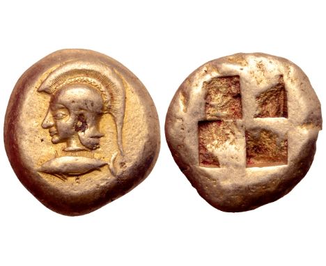 "Mysia, Kyzikos EL Stater. Circa 550-500 BC. Head of Athena left, wearing crested Attic helmet, base of crest decorated with 