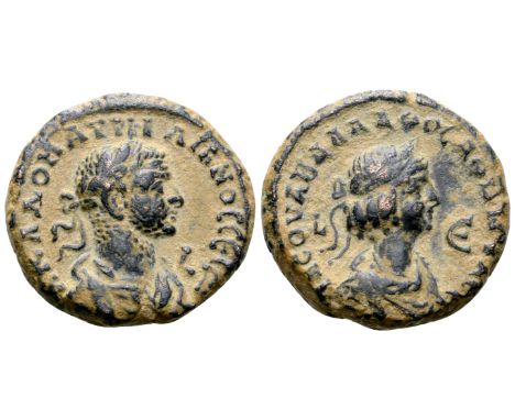 "Aurelian and Vabalathus BI Tetradrachm of Alexandria, Egypt. Dated RY 2 and RY 5 =  AD 271/2. A K Λ ΔOM AVPHΛIANOC CЄB, laur