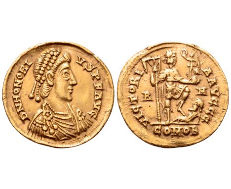 "Honorius AV Solidus. Mediolanum, AD 394-395. D N HONORIVS P F AVG, pearl-diademed, draped and cuirassed bust right / VICTORI