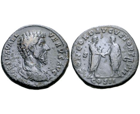 "Lucius Verus Æ Sestertius. Rome, AD 161. IMP CAES L AVREL VERVS AVG, bare headed, draped and cuirassed bust right / CONCORD 