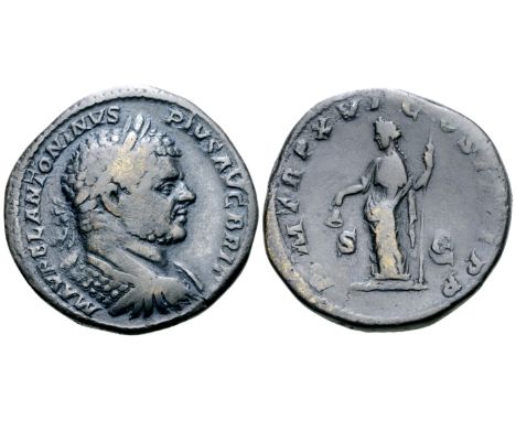 "Caracalla Æ Sestertius. Rome, AD 213. M AVREL ANTONINVS PIVS AVG BRIT, laureate and cuirassed bust right / P M TR P XVI COS 