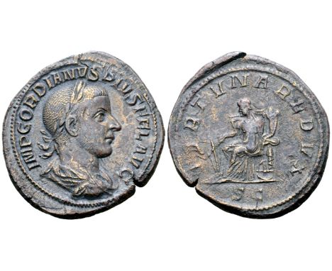 "Gordian III Æ Sestertius. Rome, AD 243-244. IMP GORDIANVS PIVS FEL AVG, laureate, draped and cuirassed bust right / [FO]RTVN