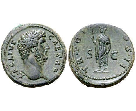 "Aelius (adopted son of Hadrian), as Caesar, Æ Sestertius. Rome, AD 137. L AELIVS CAESAR, bare head right / TR POT [C]OS II, 