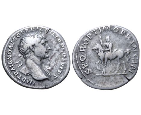 "Trajan AR Denarius. Rome, AD 112-113. IMP TRAIANO AVG GER DAC P M TR P COS VI P P, laureate bust right, drapery on far shoul