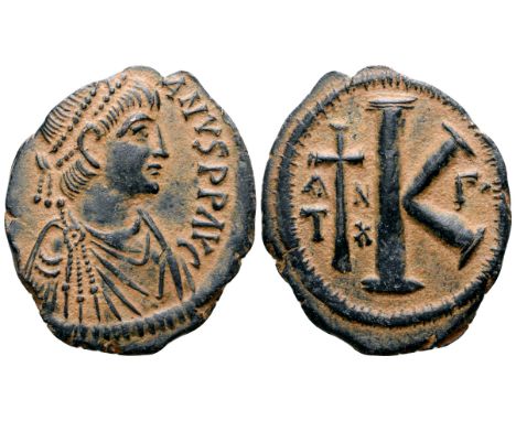 "Justinian I Æ Mule Nummus. Theoupolis (Antioch), AD 527-565. [D N IVSTINI]ANVS P P AVG, pearl-diademed, draped, and cuirasse