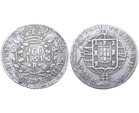 "United Kingdom of Portugal, Brazil and the Algarves, João VI AR 960 Reis. Rio de Janeiro, 1821-R. Overstruck on a 8 Reales o