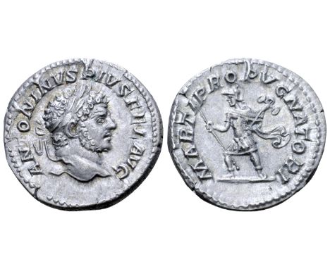 "Caracalla AR Denarius. Rome, AD 213. ANTONINVS PIVS FEL AVG, laureate head right / MARTI PROPVGNATORI, Mars advancing left, 