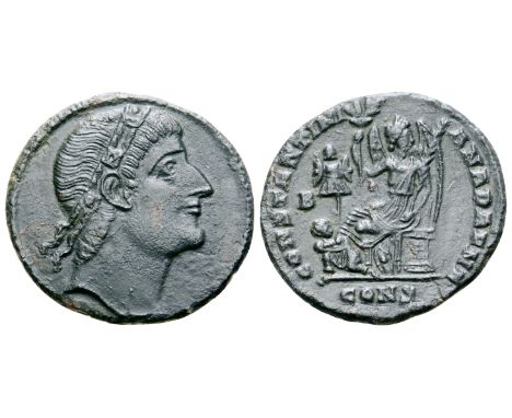 "Constantine I Æ Nummus. Constantinople, AD 328. Rosette-diademed head right, looking upwards / CONSTANTINIANA DAFNE, Victory