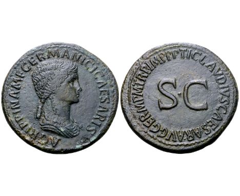 "Agrippina I (sister-in-law of Claudius I) Æ Sestertius. Rome, circa AD 42-43. AGRIPPINA M F GERMANICI CAESARIS, draped bust 