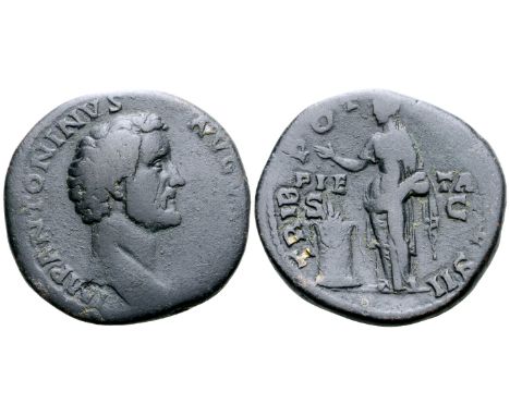 "Antoninus Pius Æ Sestertius. Rome, AD 138. IMP ANTONINVS AVG[VSTVS], bare head right / TRIB POT [COS DE]S II, Pietas standin