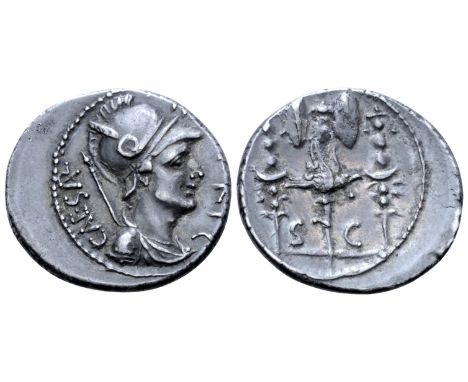 "Octavian AR Denarius. Military mint travelling with Octavian in Greece, autumn 42 BC. Helmeted and draped bust of young Mars