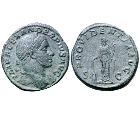 "Severus Alexander Æ Sestertius. Rome, AD 232. IMP ALEXANDER PIVS AVG, laureate bust right, with drapery over far shoulder / 