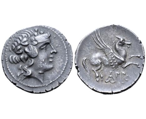 "Illyria, Korkyra AR Stater. Roman rule, circa 229-48 BC. Head of Dionysos right, wearing ivy wreath / Pegasos flying to righ