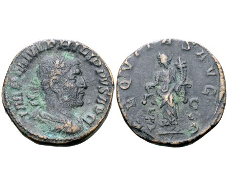 "Philip I Æ Sestertius. Rome, AD 244-249. IMP M IVL PHILIPPVS AVG, laureate, draped and cuirassed bust right / AEQVITAS AVGG,