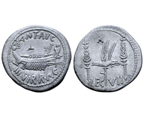 "Marc Antony Legionary AR Denarius. Military mint moving with Antony, autumn 32 - spring 31 BC. ANT•AVG III•VIR•R•P•C, praeto