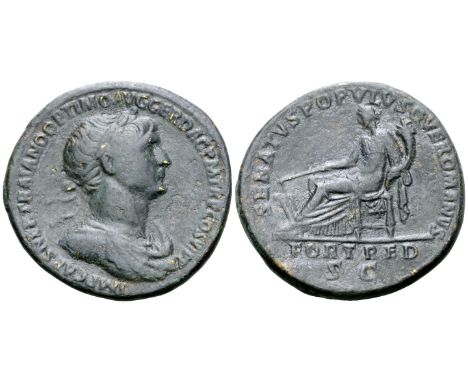 "Trajan Æ Sestertius. Rome, AD 114-117. IMP CAES TRAIANO OPTIMO AVG GER DAC P M TR P COS VI P P, laureate and draped bust rig