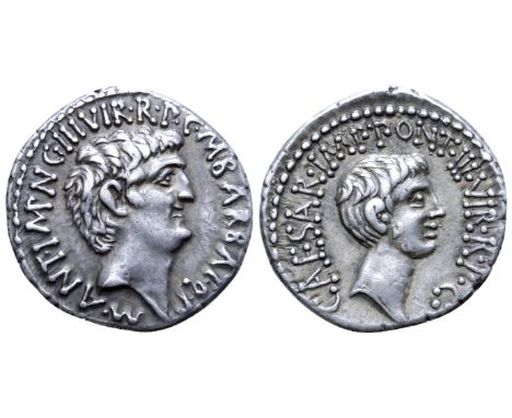 "Marc Antony and Octavian AR Denarius. Military mint moving with Antony (Ephesus?), 41 BC. M. Barbatius Pollio, quaestor pro 