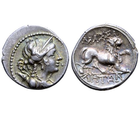 "Gaul, Massalia AR Drachm. Circa 130-121 BC. Draped bust of Artemis to right, wearing stephane, earring and necklace, bow and