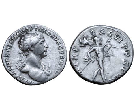 "Trajan AR Denarius. Rome, AD 114-117. IMP CAES NER TRAIANO OPTIMO AVG GER DAC, laureate bust right, with bare chest and drap