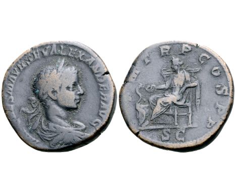 "Severus Alexander Æ Sestertius. Rome, AD 221-223. IMP CAES M AVR SEV ALEXANDER AVG, laureate, draped and cuirassed bust righ