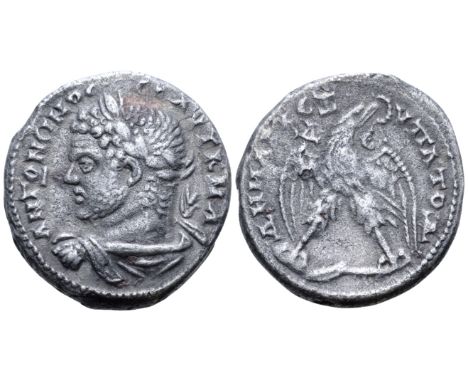 "Caracalla AR Tetradrachm of Antioch, Seleucis and Pieria. AD 215-217. •ANTΩNЄINOC••[C]ЄB AYT K M A, laureate, draped and cui