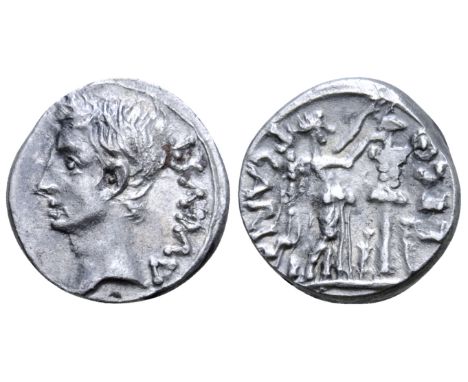 "Augustus AR Quinarius. Emerita, 25-23 BC. P. Carisius, legate. AVGVST, bare head left / P CARISI LEG, Victory standing right